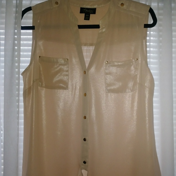 Thalia Sodi Medium Waist Tie Gold Buttons Chest Pockets Lite Gold Shimmer Blouse - Picture 1 of 6
